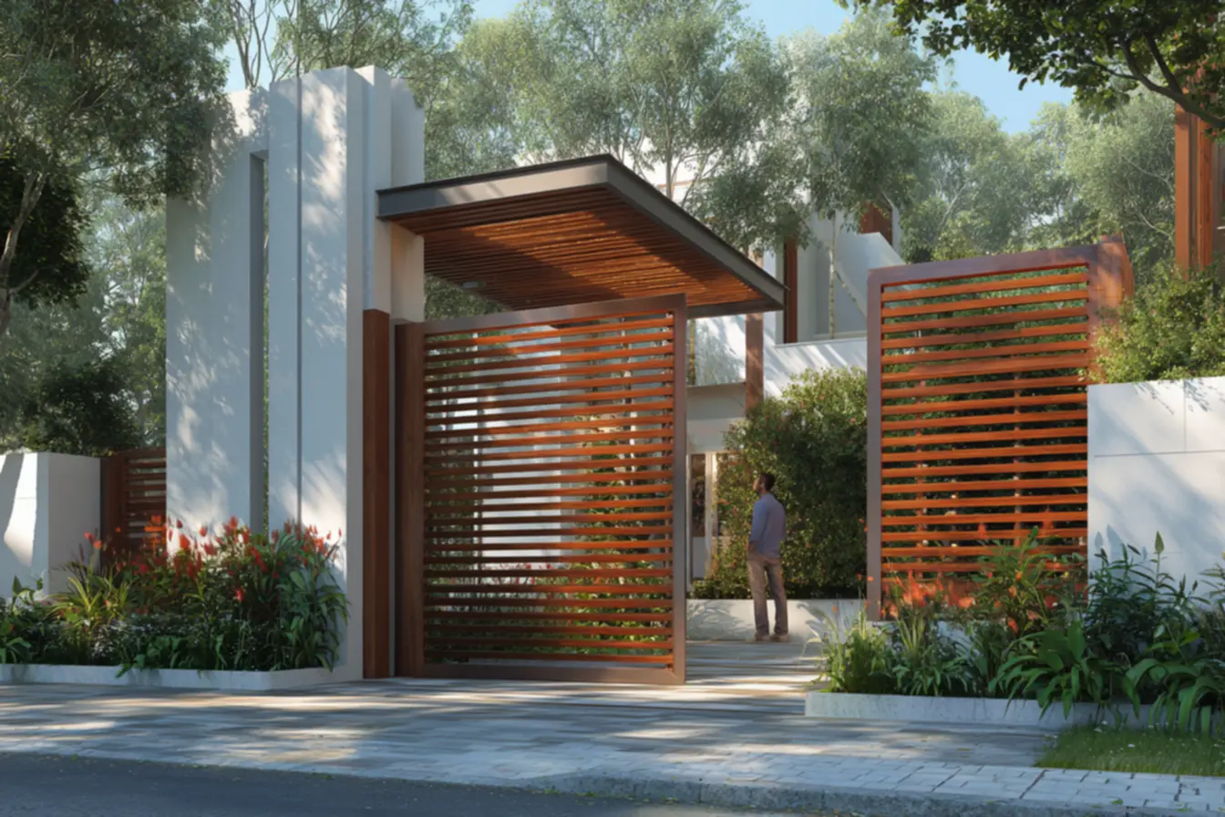 Portão de alumínio ripado em tom grafite, integrando-se perfeitamente à fachada clean e minimalista de residência moderna