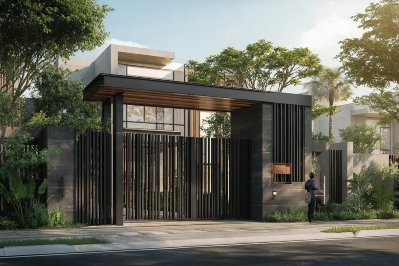 Portão de madeira vertical com design moderno, aquecendo a entrada da casa com sofisticação e discrição