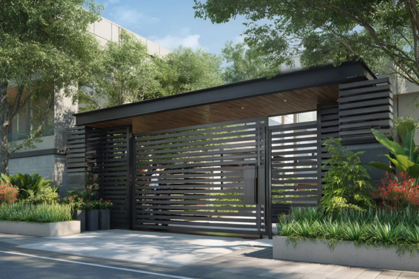 Portão de ferro robusto contrastando com fachada moderna, evidenciando necessidade de atualização e design contemporâneo