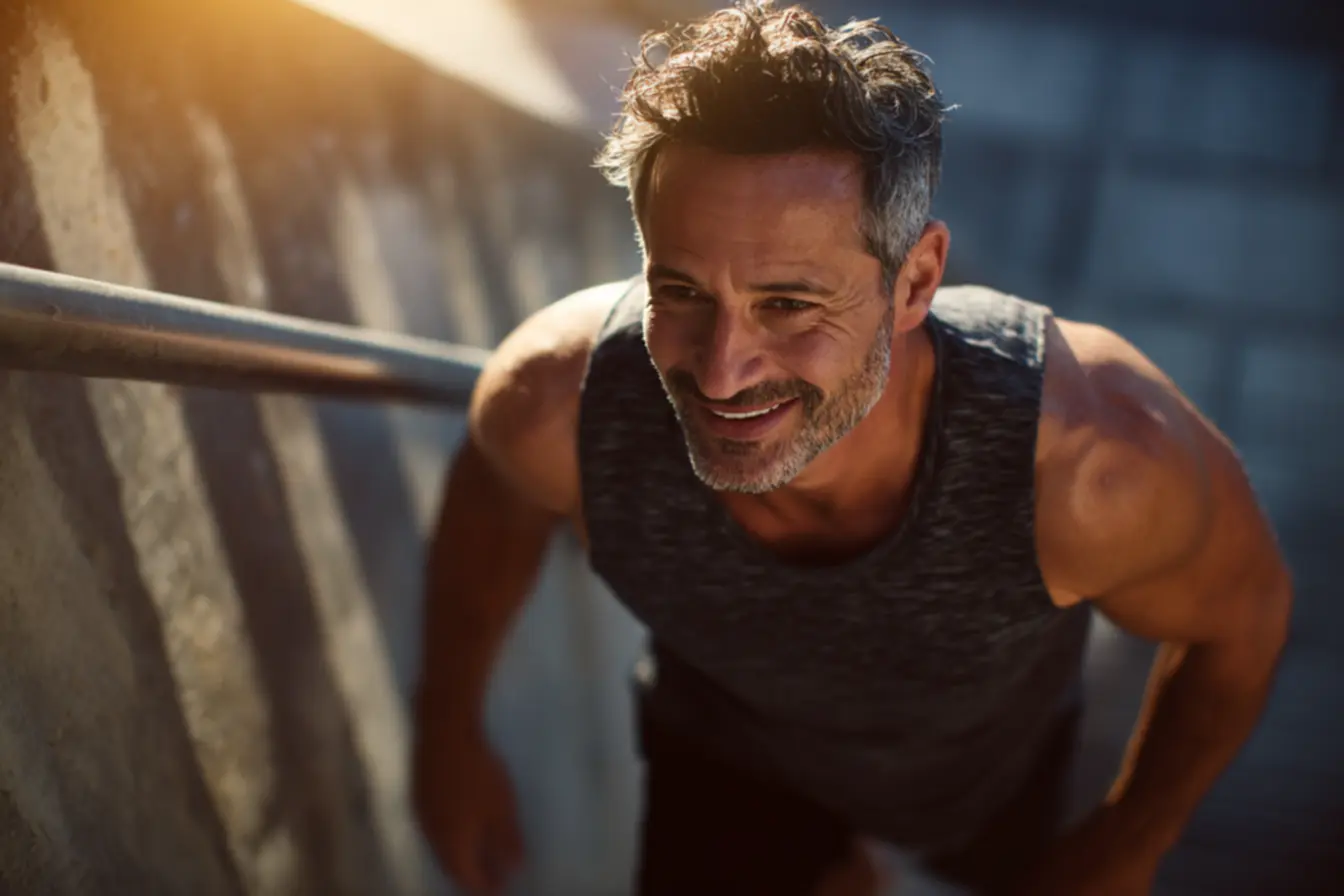 Homem idoso com vitalidade e disposição, mostrando os benefícios de fortalecer os músculos e melhorar a energia