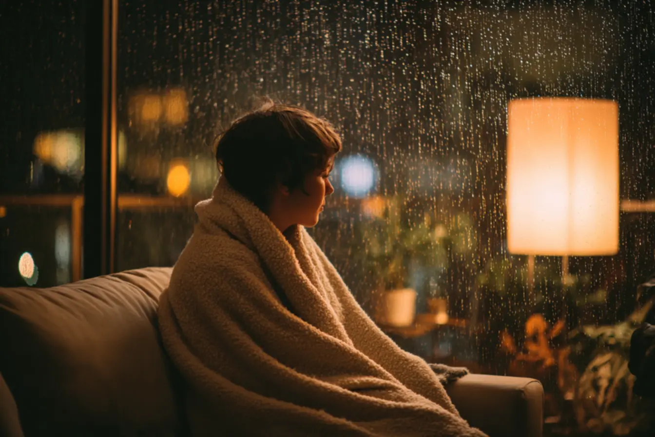 Pessoa dormindo tranquilamente em cama confortável, com o som da chuva abafando ruídos externos para um sono ininterrupto