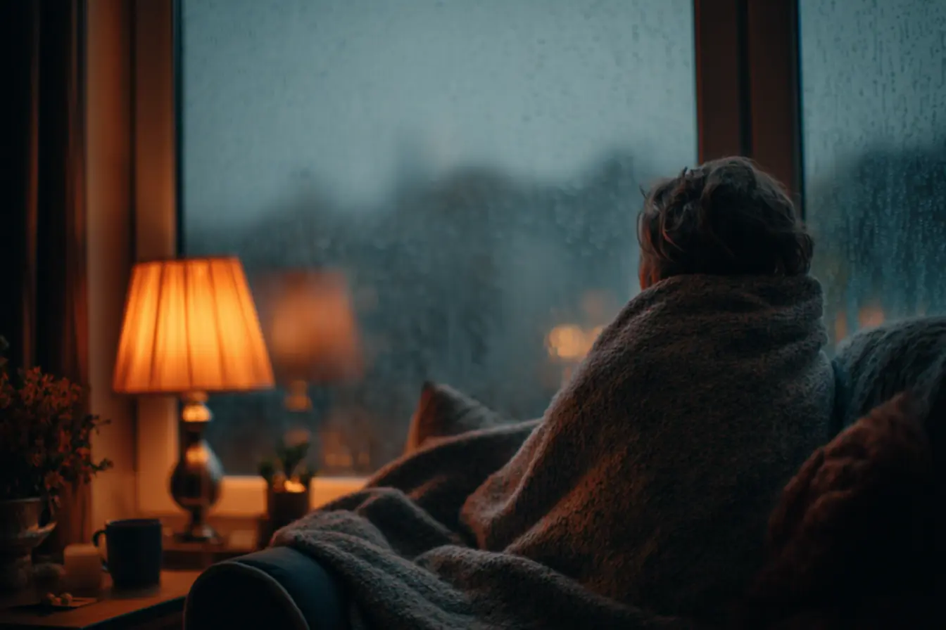 Xícara de chá quente e livro aberto perto da janela, observando a chuva cair e criando um ritual de conforto e recolhimento
