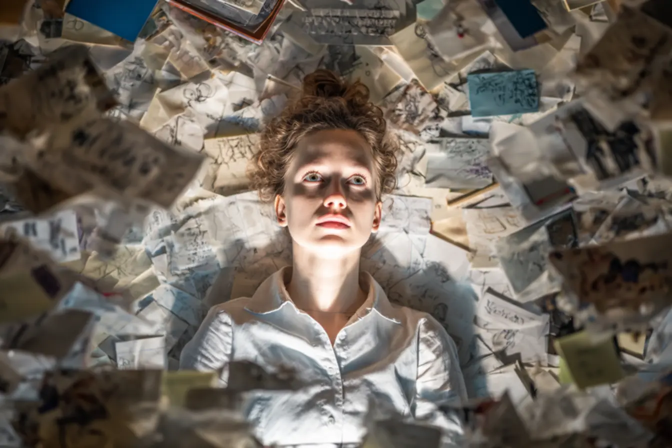 Ambiente de trabalho caótico revelando um mapa mental organizado e produtivo de uma mente criativa