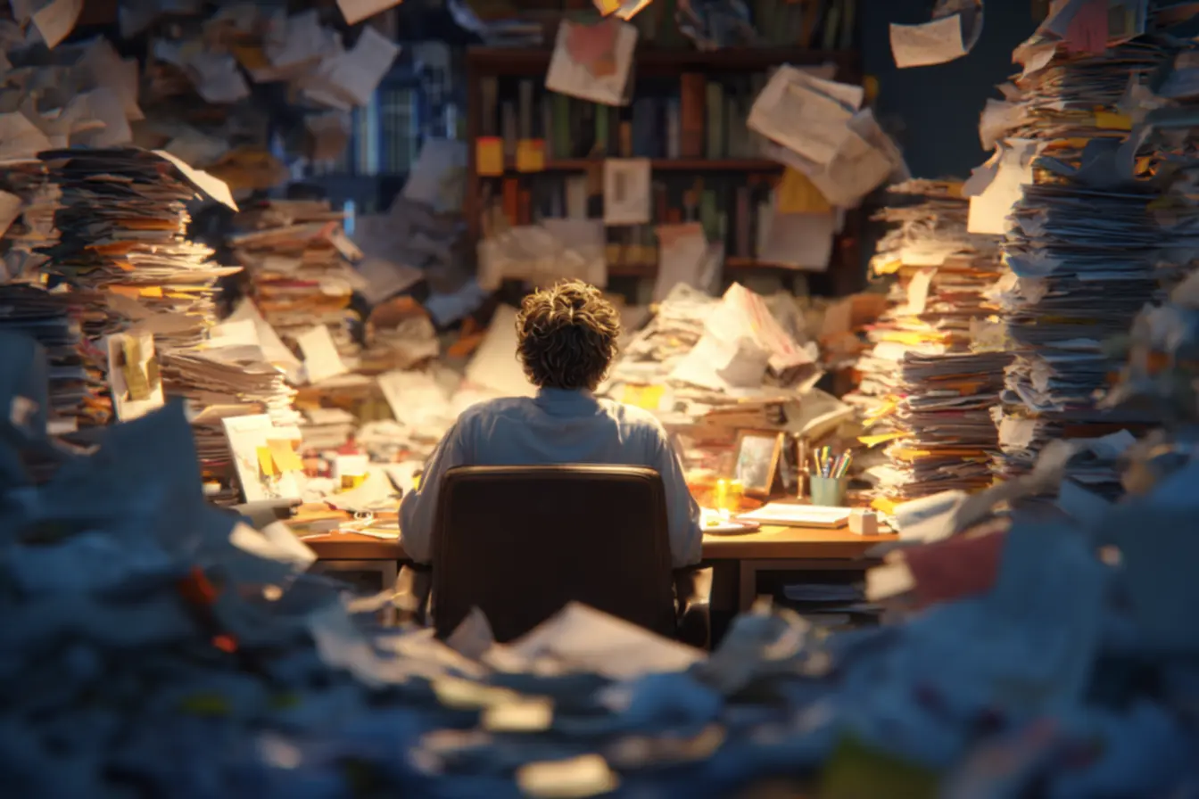 Pessoa pensativa adiando uma tarefa, indicando um processo de incubação de ideias e raciocínio complexo