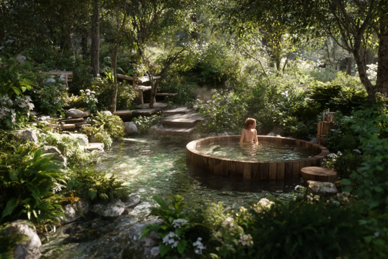 Grupo em spa vivenciando experiências de bem-estar, meditação e conexão em meio à natureza