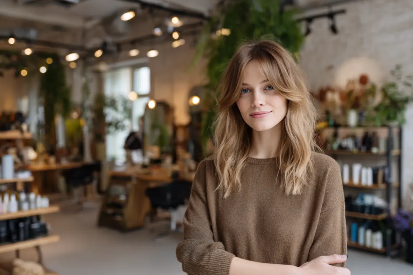 Cabelo longo em camadas para afinar rosto redondo com movimento vertical