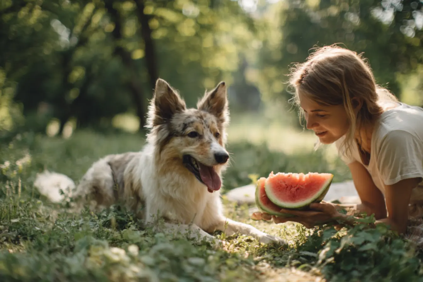 Cachorro comendo melancia em cubos como petisco refrescante