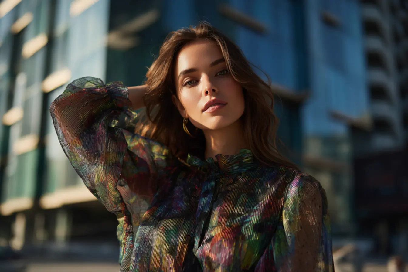 blusa com renda moderna e detalhes artesanais em texturas ricas