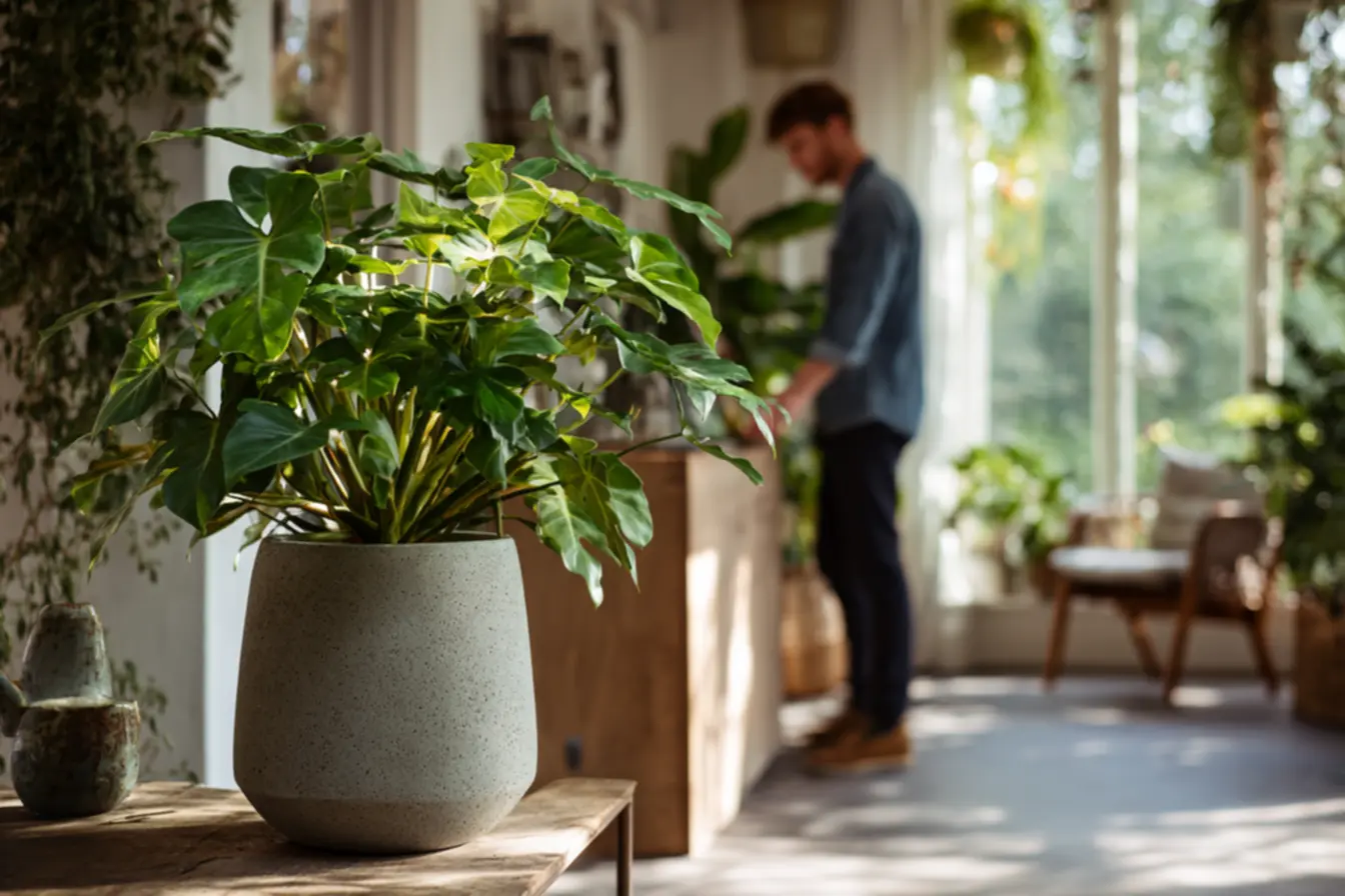 Detalhe de folhas de pacová com manchas amareladas, indicando problemas de rega ou iluminação