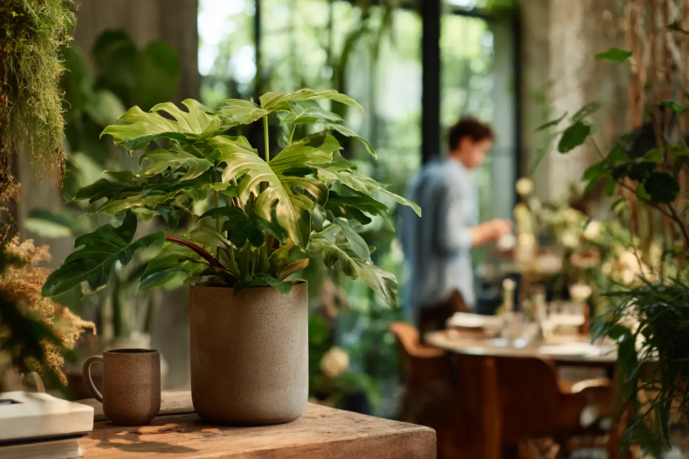 Planta pacová exuberante em um corredor largo, adicionando vida e textura ao ambiente