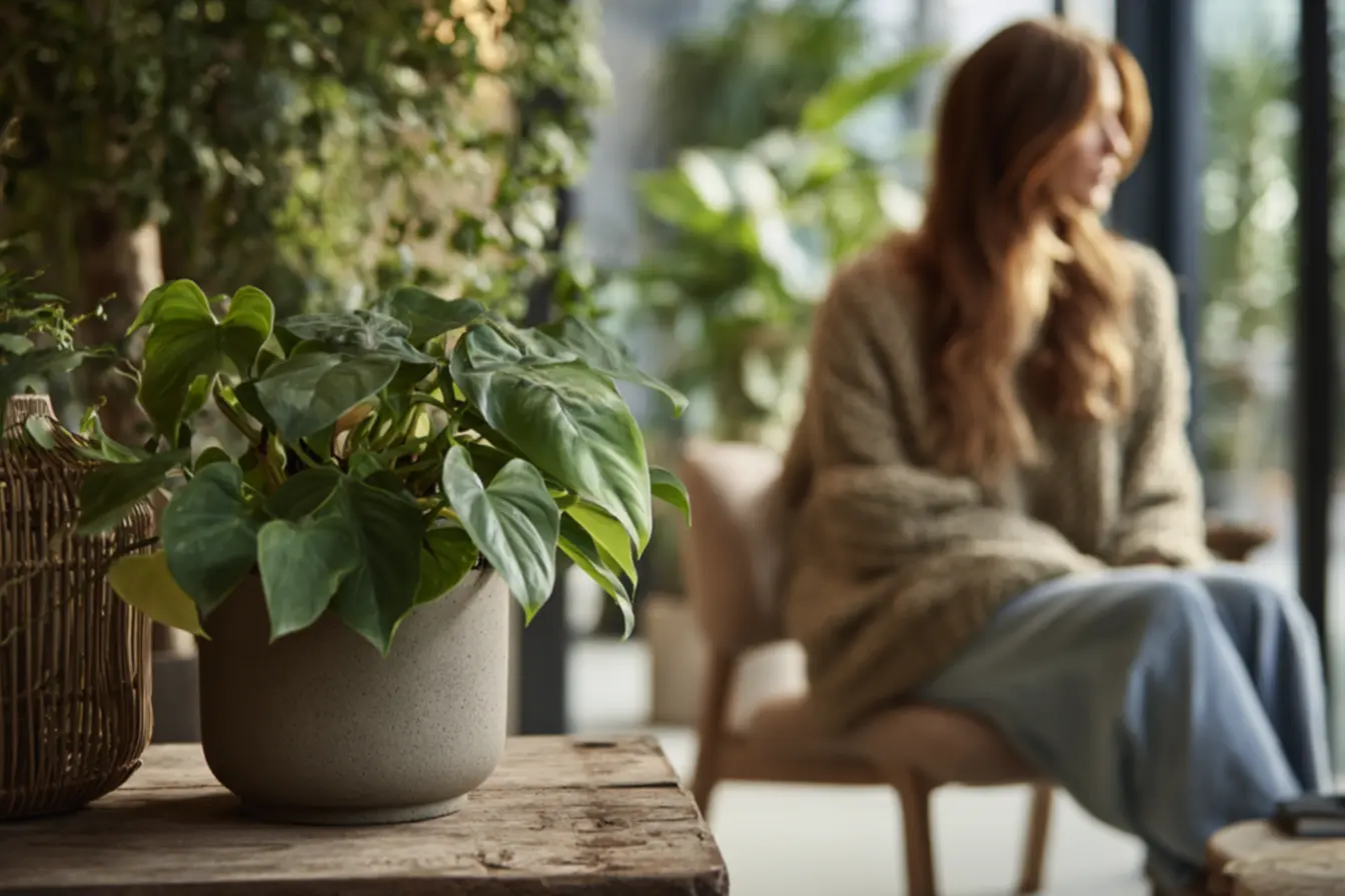 Planta pacová em sala moderna, realçando o paisagismo interno com sua folhagem robusta