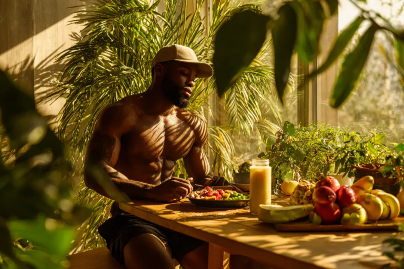 Prato colorido e equilibrado com carboidratos de qualidade, proteínas magras e vegetais, essencial para a refeição pós-exercício