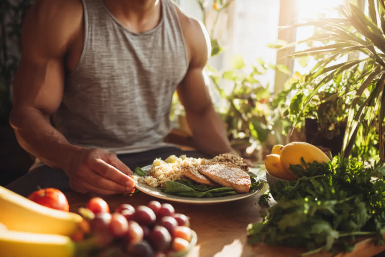 Mãos preparando alimentos frescos, destacando a organização e o planejamento para uma refeição pós-treino prática e eficaz