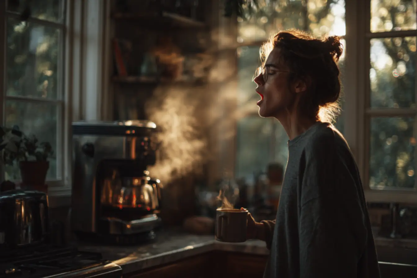 Rotina matinal com alongamento e hidratação antes da primeira xícara de café