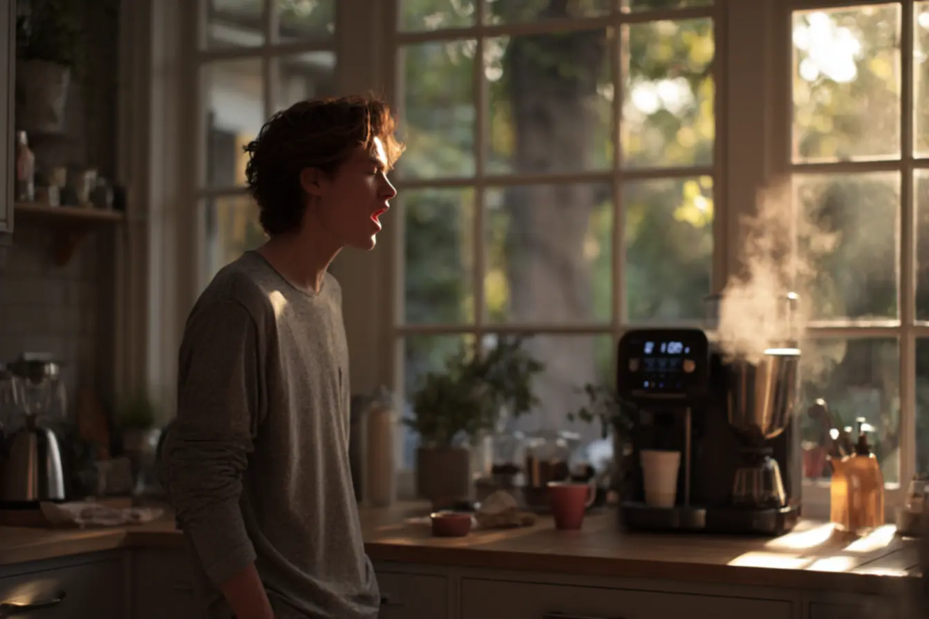 Pessoa despertando e adiando o café para respeitar o relógio biológico