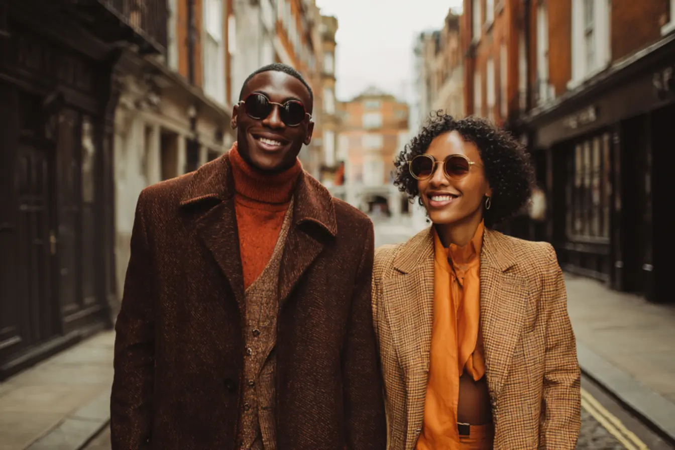 Casal moderno com looks complementares, refletindo a união e a expressão de identidade no dia a dia.