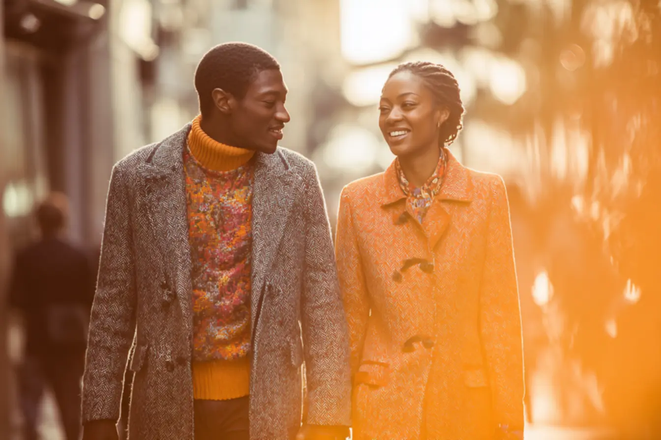 Casal sorrindo com roupas harmoniosas, evidenciando o fortalecimento da parceria através da moda compartilhada.