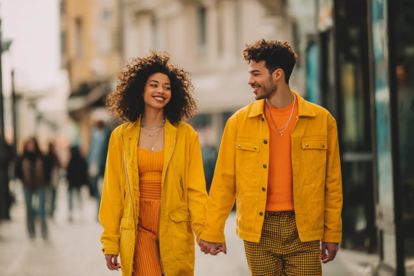 Casal feliz e estiloso caminhando de mãos dadas, simbolizando a sintonia na moda e no relacionamento.