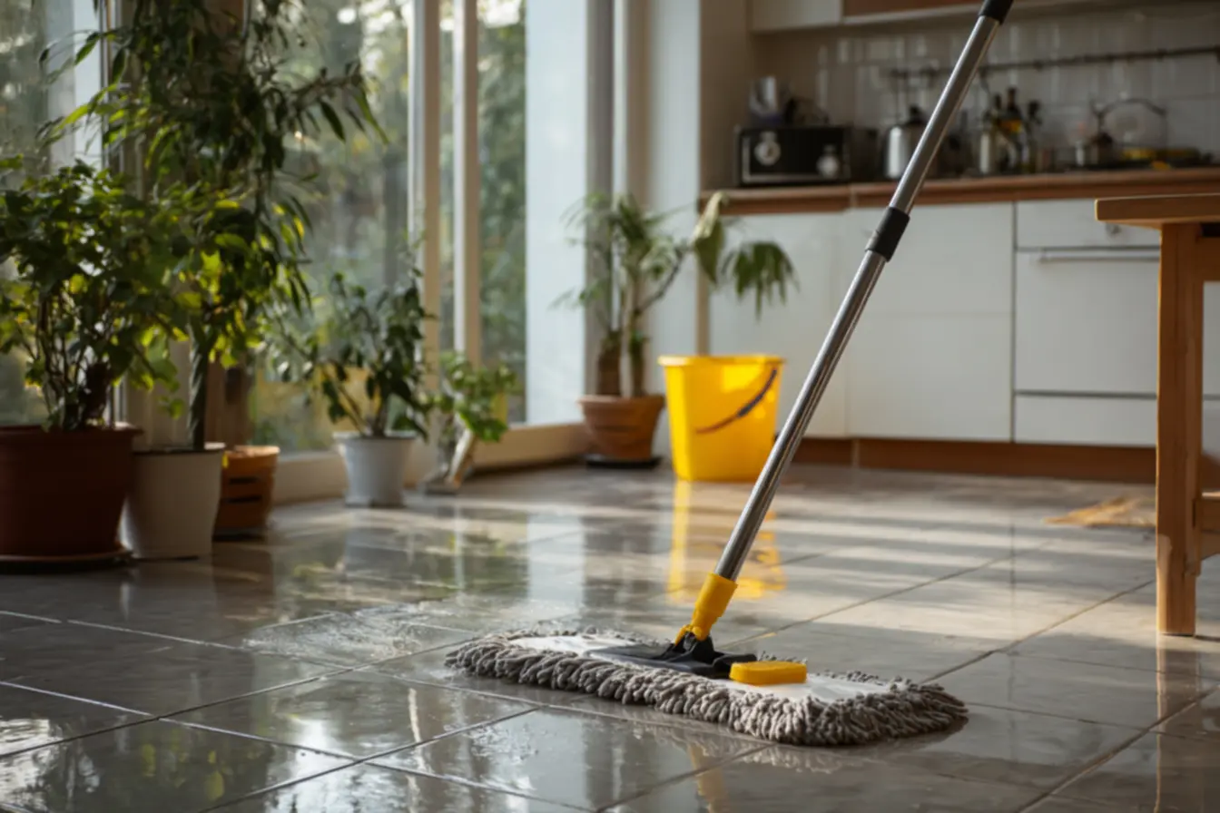 Mulher limpando o chão com uma solução de água e vinagre para remover gordura e odores de forma eficaz