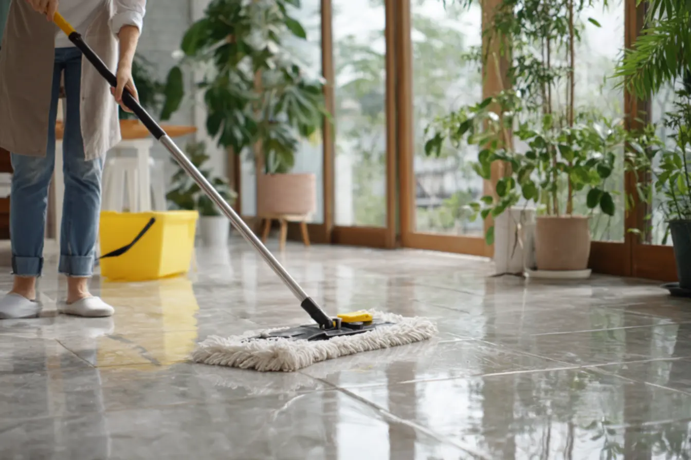 Ambiente limpo e fresco, com o chão brilhando, após a aplicação de vinagre na água de limpeza