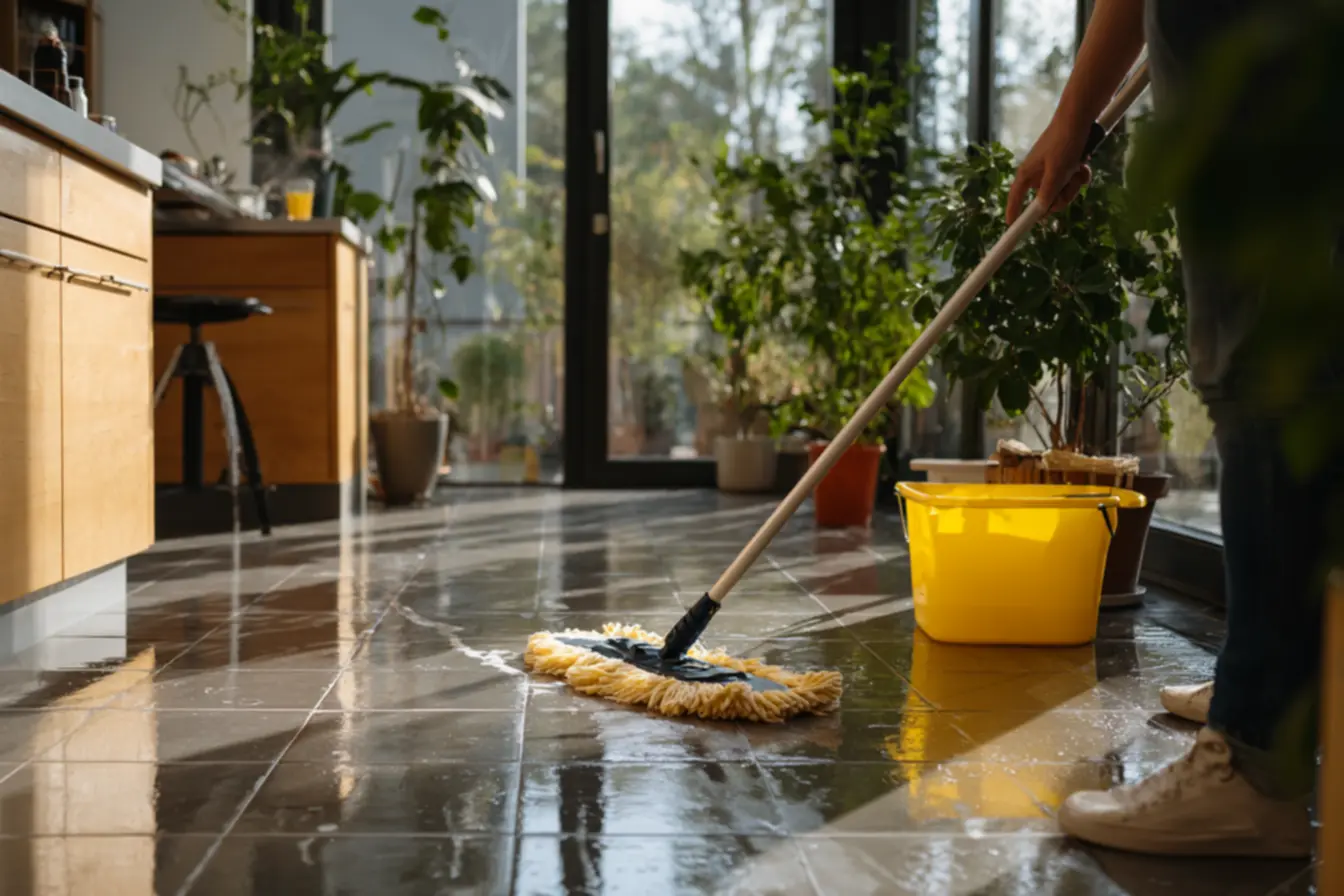 Pano de chão úmido e balde com solução de água e vinagre, indicando a técnica correta de limpeza