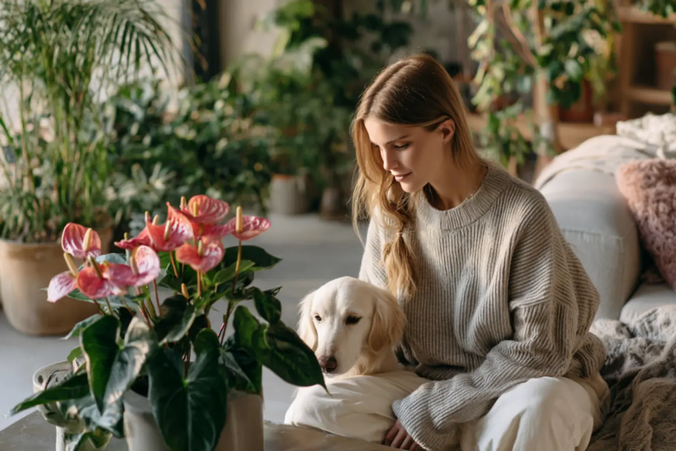 Gato curioso investigando uma planta, cenário comum de exposição a plantas tóxicas como o antúrio.