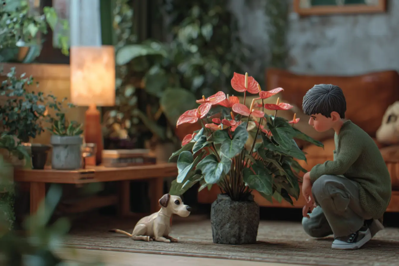 Antúrio vermelho vibrante, planta tóxica para cães e gatos, representando perigo em ambientes domésticos.