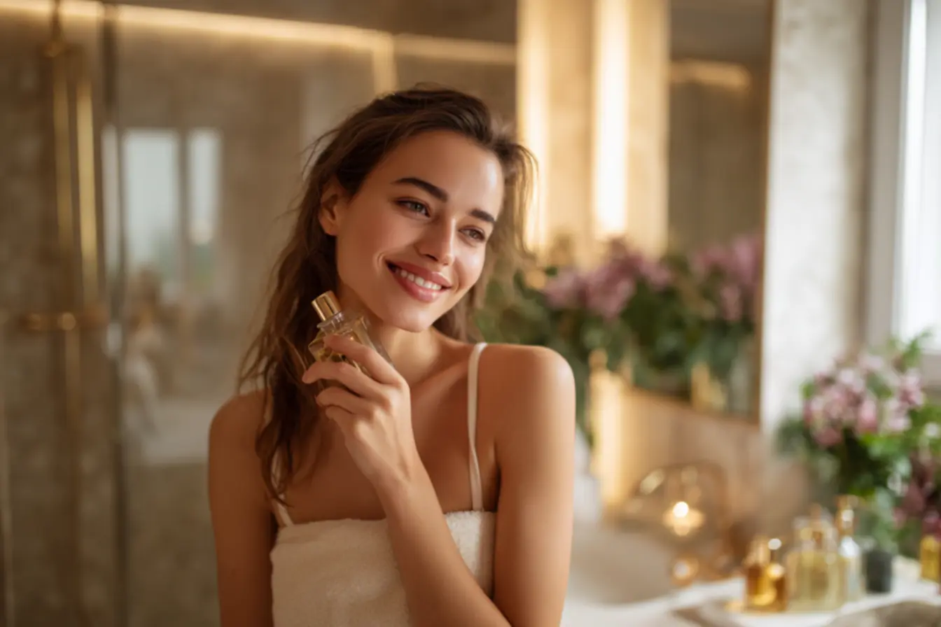 Mulher aplicando hidratante na pele antes de perfumar, mostrando a importância da hidratação para a fixação do aroma.
