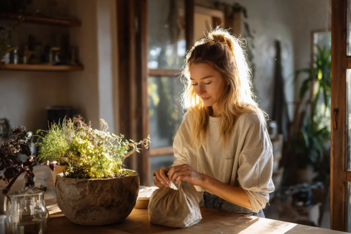 Folhas de chá usadas sendo adicionadas à composteira e vasos para enriquecer o solo