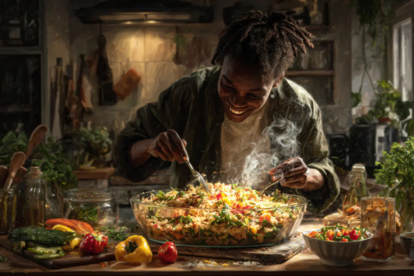 Camadas de arroz de forno cremoso com molho, proteína e queijo
