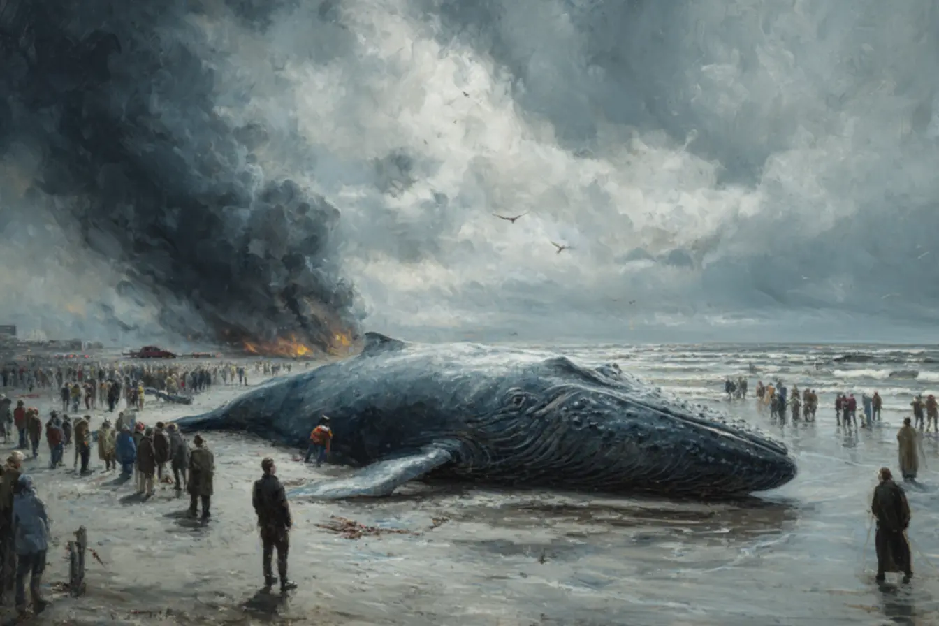 Baleia cachalote encalhada em praia urbana, um problema de saúde pública e gestão de resíduos marinhos.