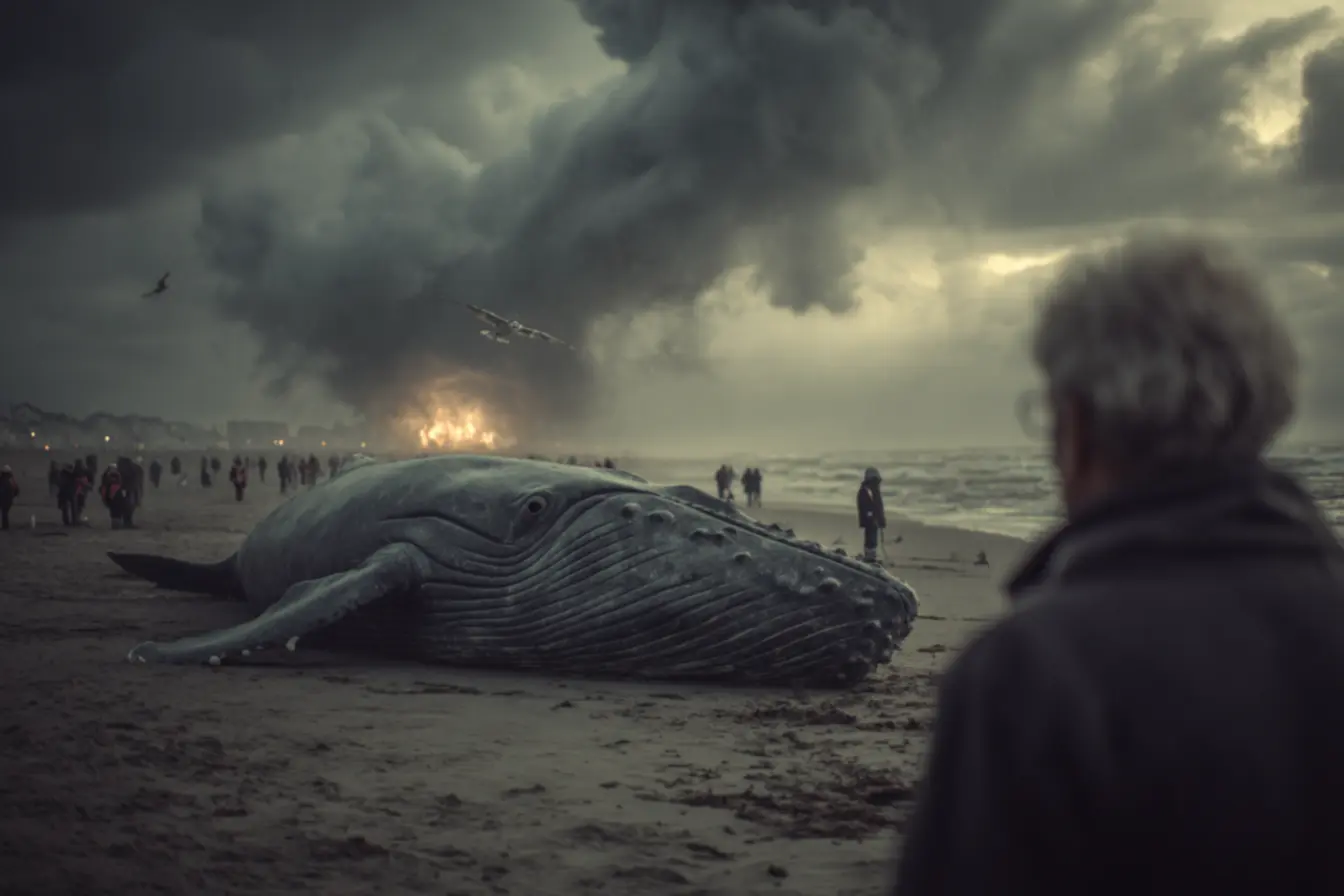 Falha no planejamento de remoção de baleia encalhada, resultando em decisão absurda de usar explosivos.