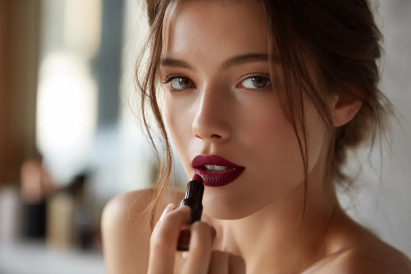 Batom Passione nude matte aplicado com técnica correta nos lábios em 2026