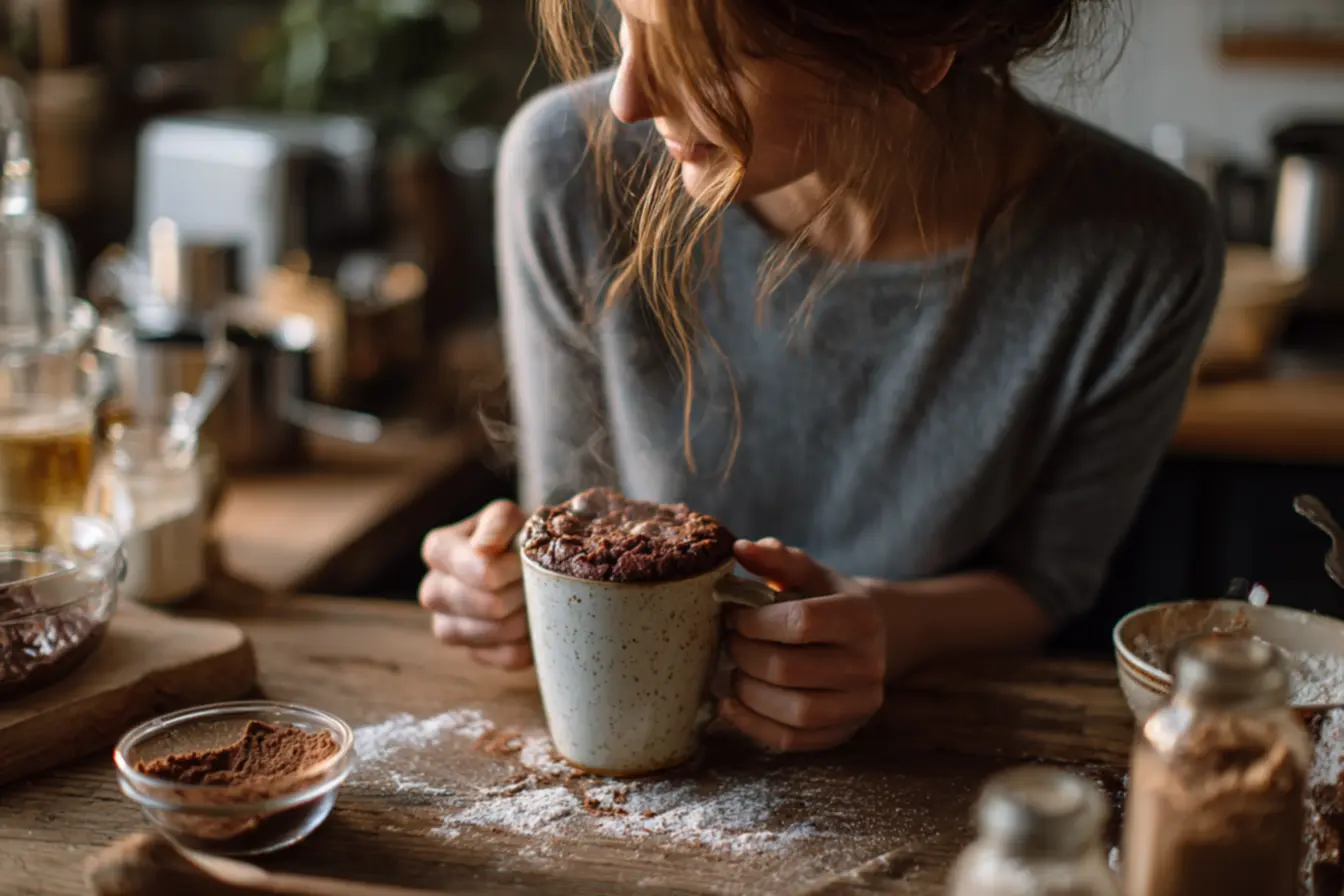 Preparação de bolo de caneca de chocolate: misturando ingredientes na própria caneca para evitar sujeira