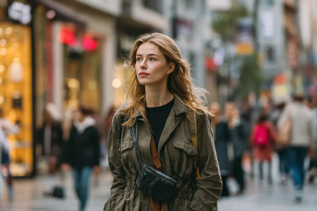 Organização interna de bolsa compacta com itens essenciais bem distribuídos