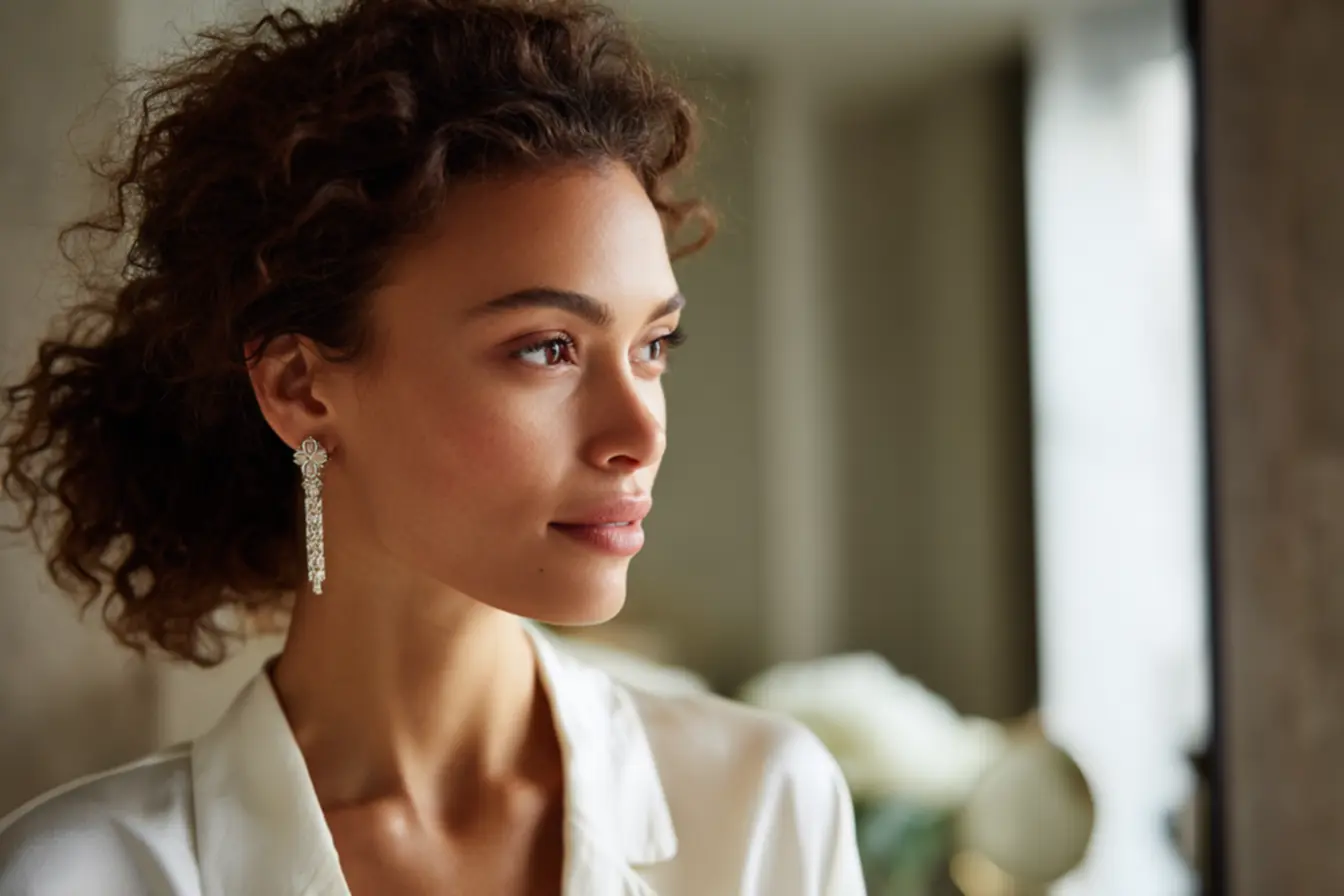 Coleção de brincos de diversos formatos, incluindo modelos longos e estreitos que contribuem para o alongamento do rosto