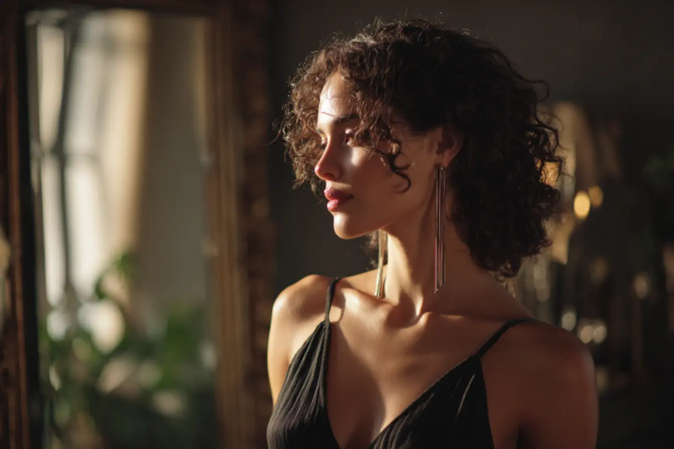 Mulher usando brincos longos e com pedrarias, que criam um efeito alongador no rosto e realçam a beleza