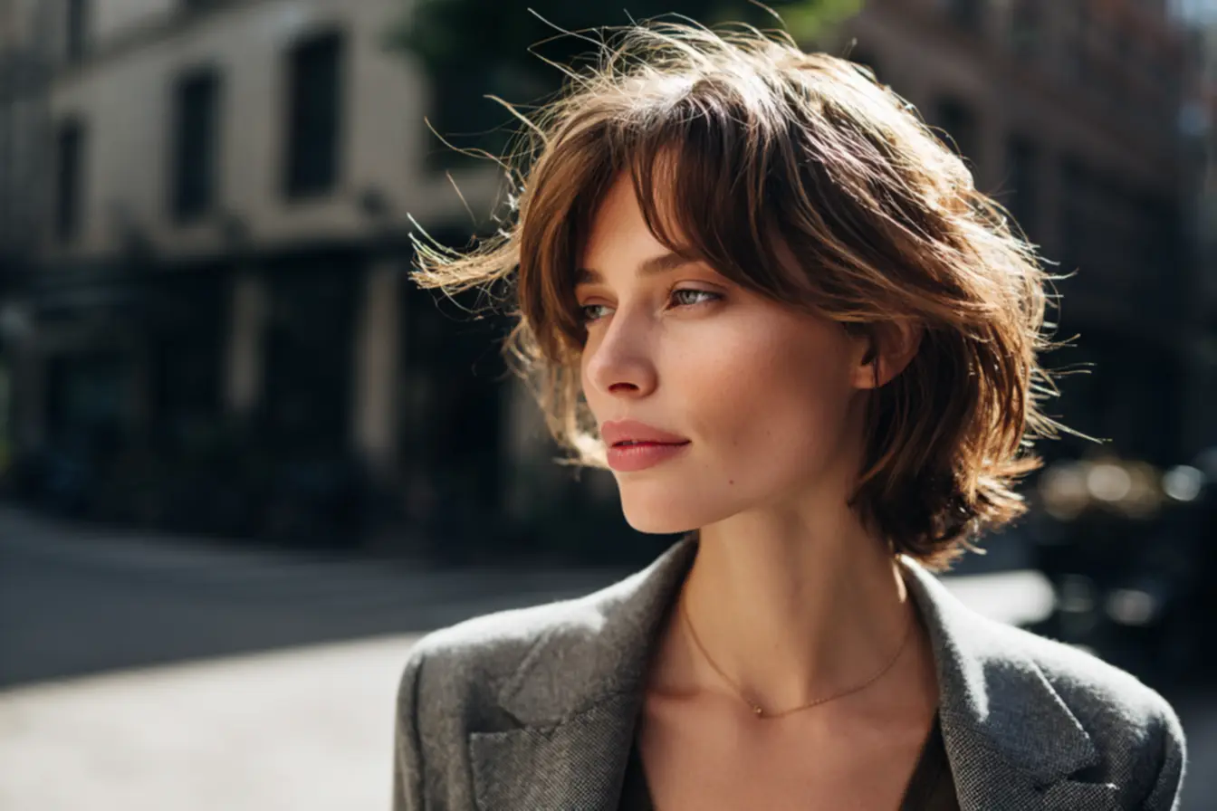 Corte curto repicado que suaviza o contorno do rosto e equilibra o formato facial