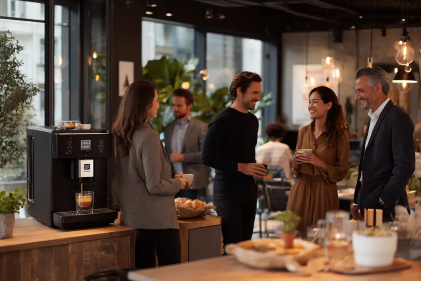 Cafeteira de cápsula preparando expresso cremoso em ambiente corporativo