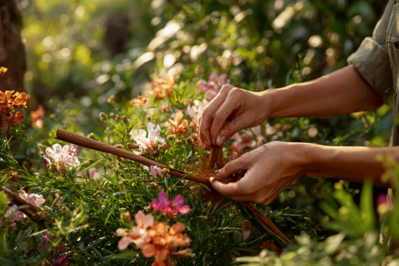 Solução líquida de canela sendo borrifada em folhas para controle de fungos