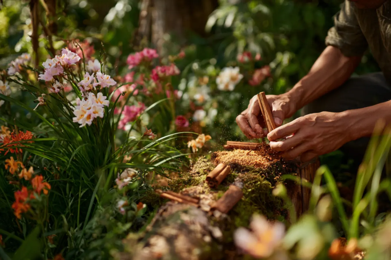 Canela em pó usada como fungicida natural para proteger flores em vasos