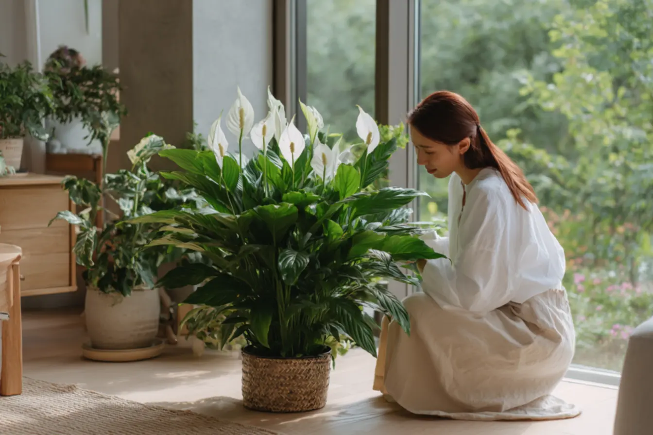 Lírio-da-paz com folhas amareladas e murchas, sinalizando excesso de rega ou falta de nutrientes e estresse hídrico.