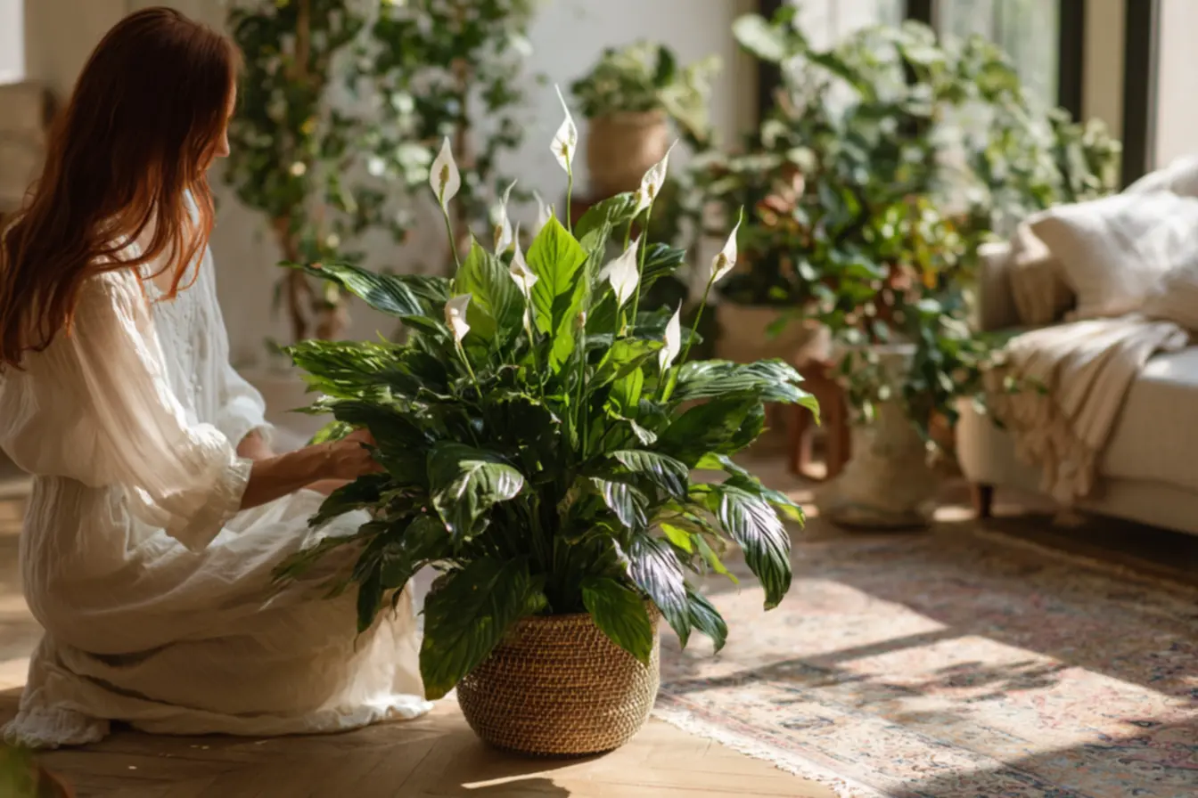 Raízes de lírio-da-paz expostas e saindo do vaso, indicando necessidade de replantio e espaço para crescimento.