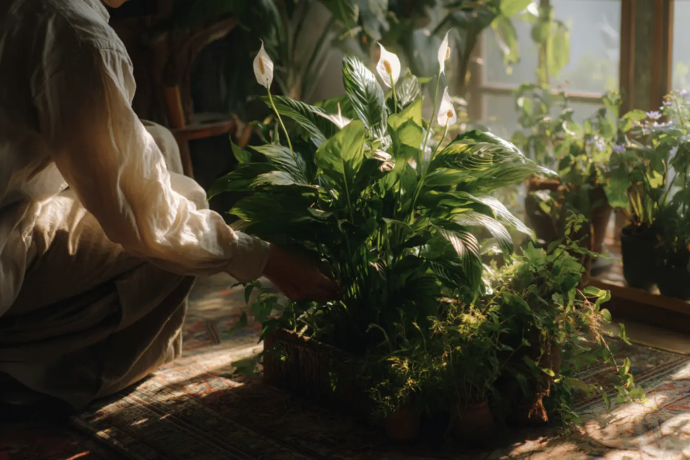 Lírio-da-paz saudável com folhas verdes e flores brancas vibrantes, indicando cultivo correto e floração plena.