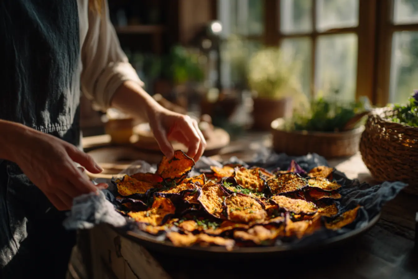 Travessa de chips de berinjela crocantes temperados, ideal para lanches saudáveis e petiscos