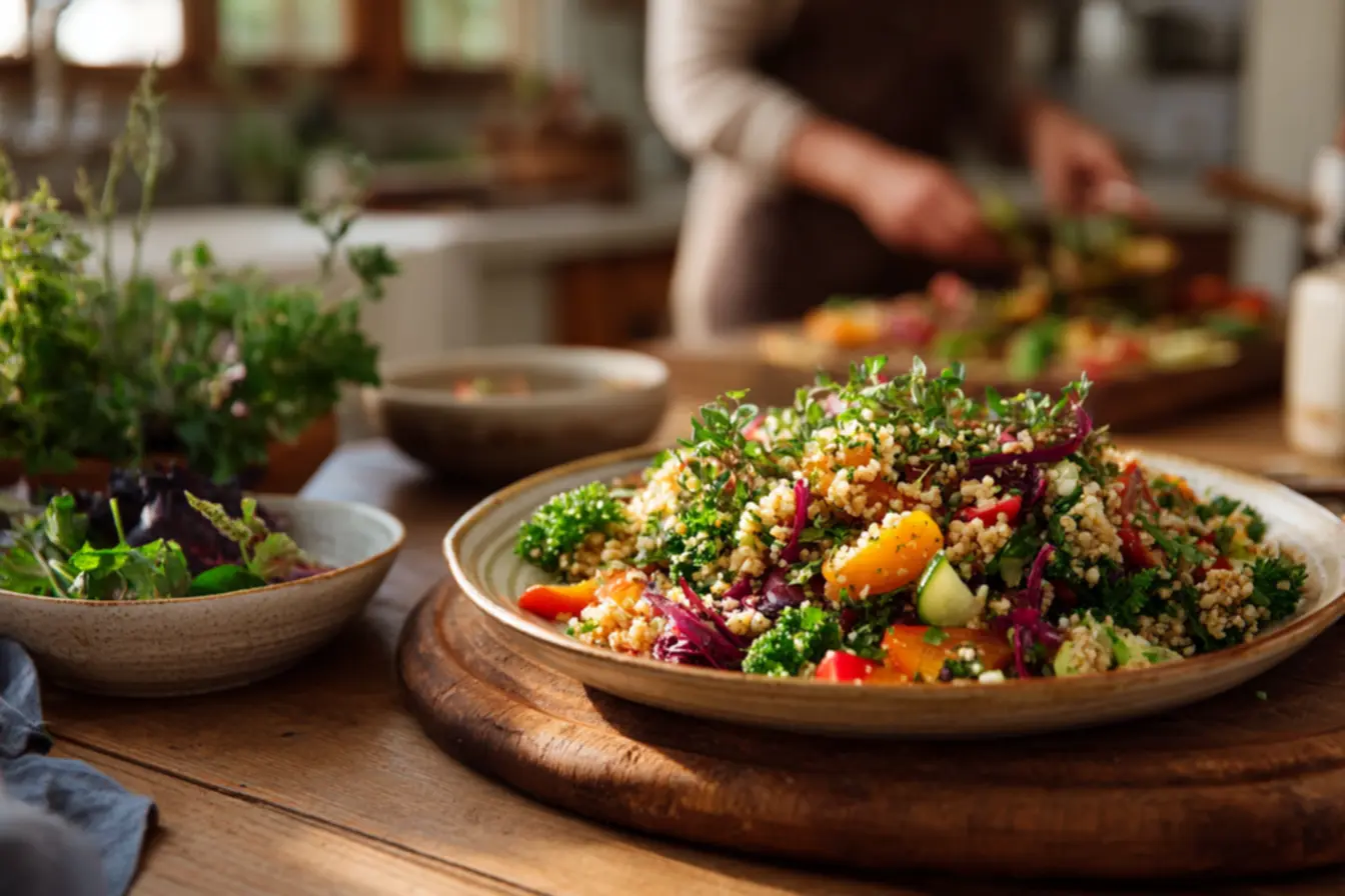 Ingredientes frescos para salada de triguilho: tomate, pepino, ervas e limão