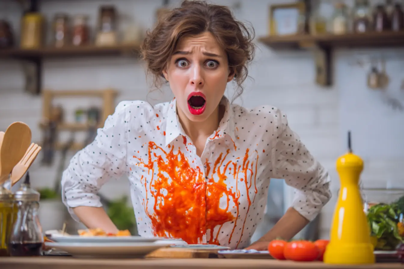 Mãos aplicando detergente neutro e massageando suavemente uma mancha de molho de tomate em tecido, detalhando o pré-tratamento de manchas.