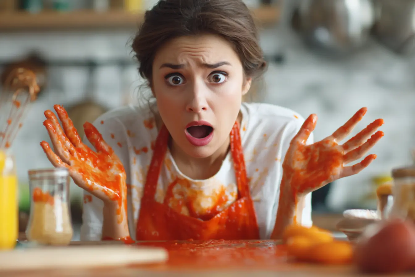 Mulher tenta remover mancha de molho de tomate de camiseta clara, buscando solução eficaz para manchas difíceis de roupa.