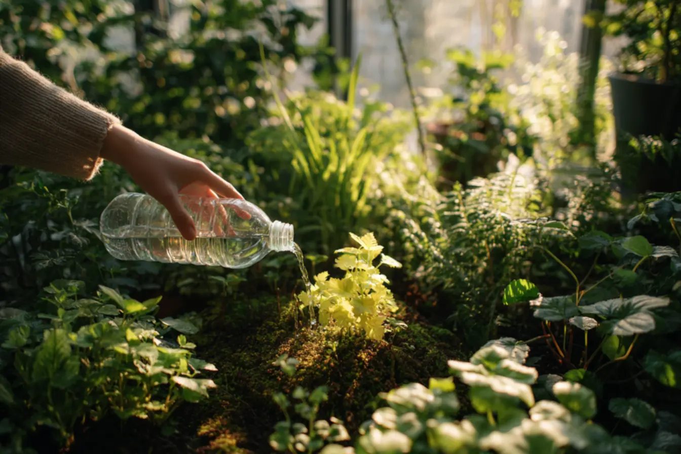 Detalhe da água infiltrando lentamente no solo através de sistema de gotejamento