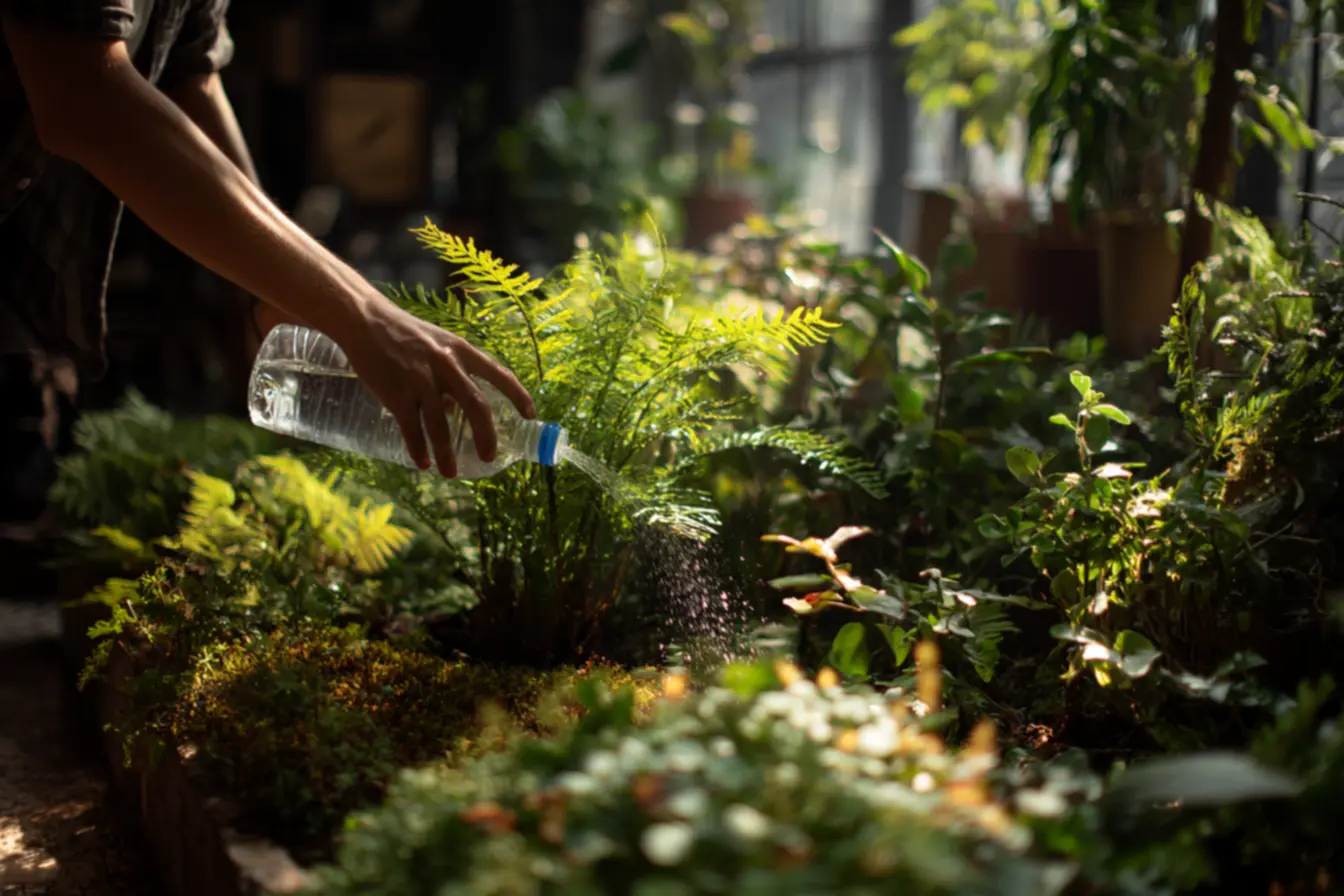 Sistema de irrigação lenta com garrafa plástica mantendo vasos de plantas hidratados